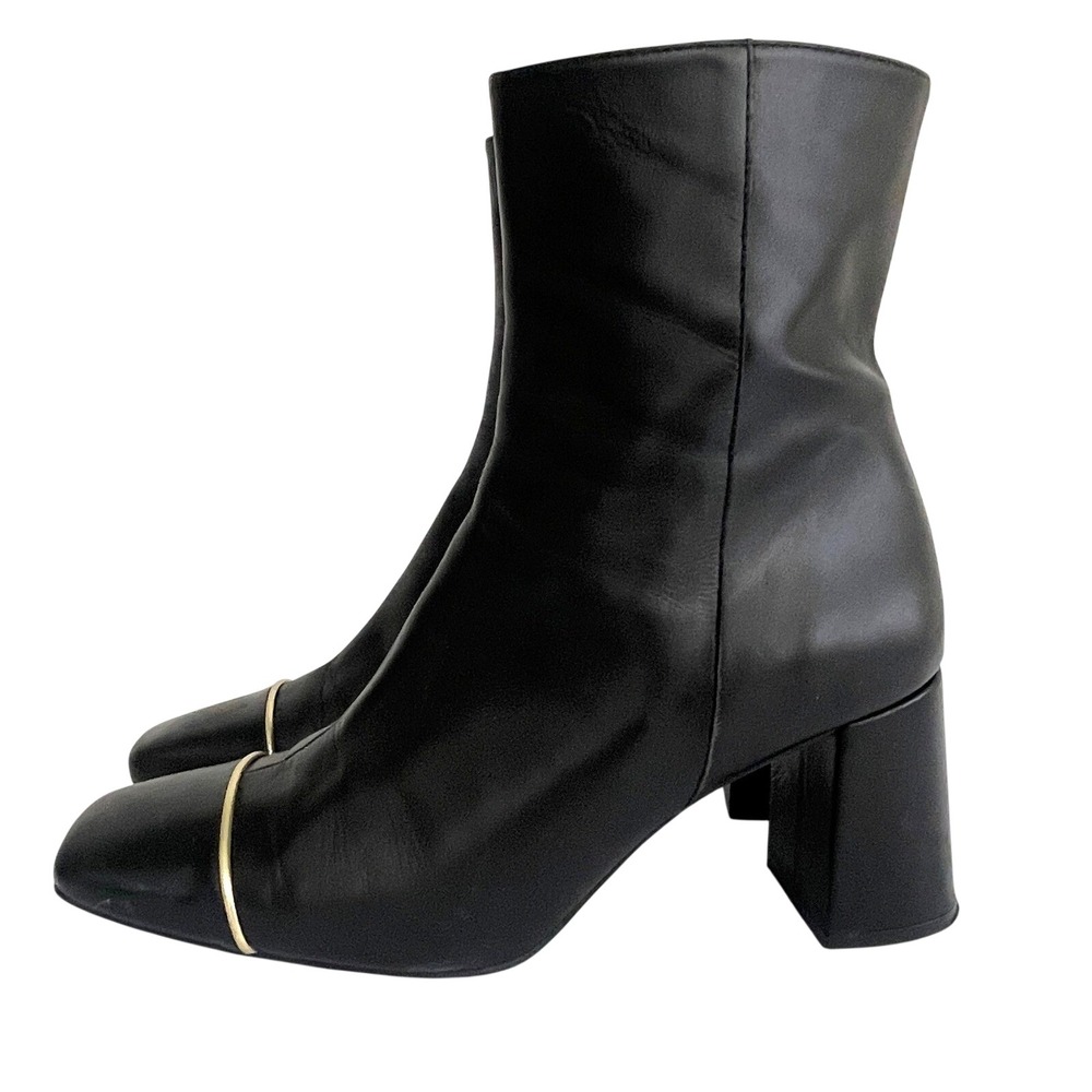 Ana Palma Black Leather Square Toe Gold Trim Block Heel Ankle Boot Spain Size 40